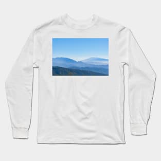 Blue mountain landscape backdrop in tiered tones Long Sleeve T-Shirt